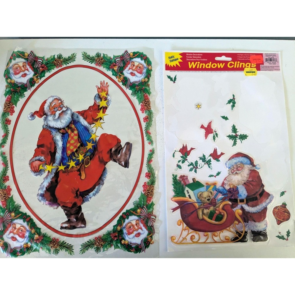 Vintage Christmas Window Clings Large Santa Retro Holiday Window Decorations